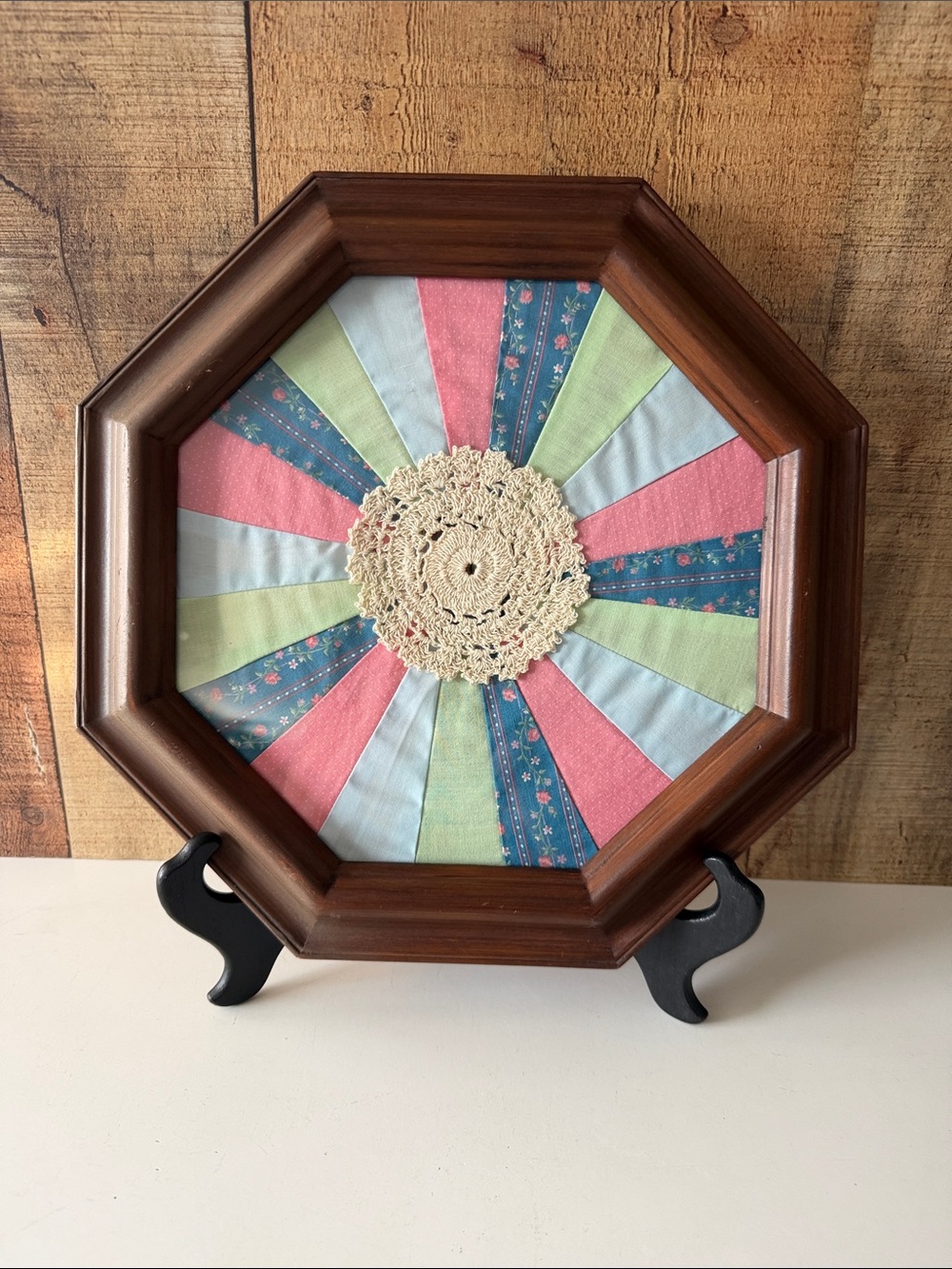 Upcycled Octagon Wooden Framed Dresden Plate Quilt Block Cottagecore Grannycore